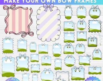 Bow Frames Canva Frames Bundel, grillige frames, slepen en neerzetten, elegante strikken clipart, handgetekende flirtstrikken, golvende handgetekende rand