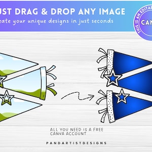 May include: Digital design elements featuring pennant shapes with star accents. The image includes text that reads "JUST DRAG & DROP ANY IMAGE" and "Create your unique designs in just seconds." The design also includes the Canva logo and the text "ALL YOU NEED IS A FREE CANVA ACCOUNT."