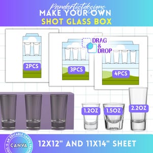 Pode incluir: Um design para uma caixa de shot, com o texto "MAKE YOUR OWN SHOT GLASS BOX". O design inclui modelos para caixas de 2, 3 e 4 shots, juntamente com opções de tamanho de shot de 35 ml, 44 ml e 65 ml.