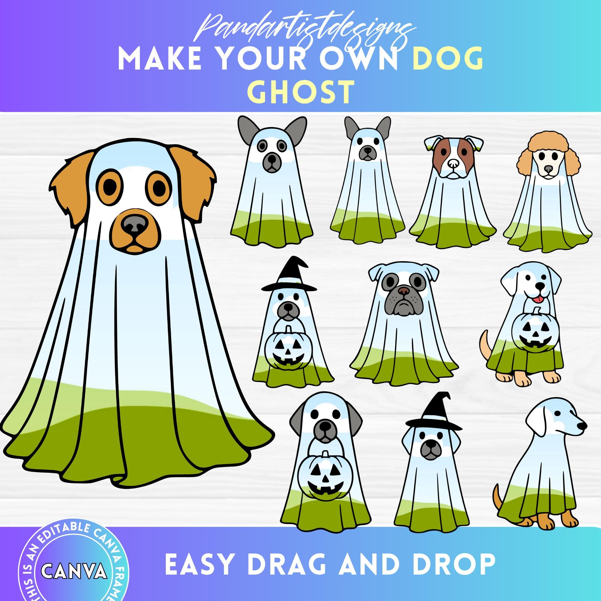 Cute Dog Ghost Halloween Bundle, Retro Dog Ghost Designs, Funny Ghost Clipart, Dog Lover Canva Frames Bundle, Drag & Drop, Spooky Season svg