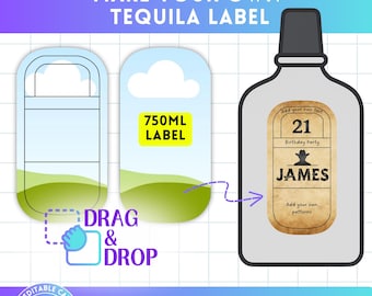 Plantilla editable de Canva para etiqueta de tequila (botella de 750 ml), regalo para padrinos de boda, etiquetas para recuerdos de despedida de soltera, boda, cumpleaños (arrastrar y soltar).