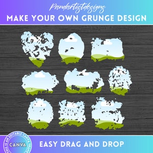 Canva Frames Bundle - Erstelle dein eigenes Bleach Grunge Design auf CANVA mit einfachem Ziehen und Ablegen - Farbspritzer - Benutzerdefinierte Digitale Elemente