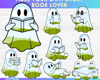 Puede incluir: Una colección de ilustraciones de fantasmas de dibujos animados leyendo libros. Los fantasmas son blancos con ojos negros y detalles verdes. El texto de la imagen dice "MAKE YOUR OWN GHOST BOOK LOVER" y "EASY DRAG AND DROP".