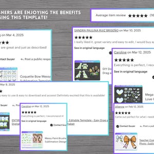 K&ouml;nnte beinhalten: Screenshots von positiven Kundenrezensionen f&uuml;r ein digitales Produkt. Die Rezensionen heben die Benutzerfreundlichkeit, die Qualit&auml;t und den Wert des Produkts hervor. Das Produkt wird als "Coquette Bow Messy Sublimation Template", "Mega Bundle Heart Love Clipart", "Teacher Coquette Bow Photo Sublimation Template" und "Messy Paint Brushs Sublimation Design" beschrieben.