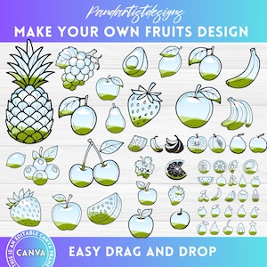 Könnte beinhalten: Ein digitales Designblatt mit Umrissen verschiedener Früchte, darunter Ananas, Trauben, Avocado, Zitrone, Banane, Apfel, Erdbeere, Birne, Wassermelone, Kirsche, Blaubeere und mehr. Das Designblatt ist mit "Gestalte deine eigenen Früchte" und "Einfaches Ziehen und Ablegen" beschriftet.