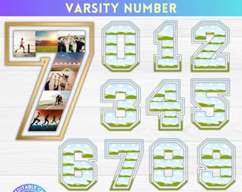 Collage de fotos con números deportivos universitarios, números de camiseta rellenables (arrastrar y soltar), número universitario personalizado, marco de Canva con paquete alfa, imprimible