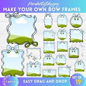 May include: Set of 19 digital frames featuring a variety of bow designs in blue and green with a sky and grass background. The text "Make Your Own Bow Frames" and "Easy Drag and Drop" are included in the image.