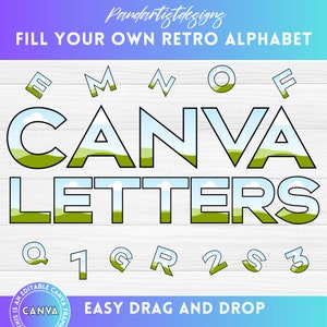 Marcos de Canva con letras mayúsculas y números retro fáciles de arrastrar y soltar - Alfabeto digital rellenable PNG - Paquete de plantillas editables - Clásico