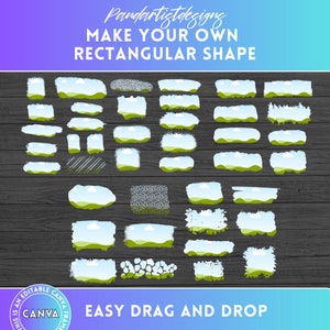 May include: A set of 30 rectangular shapes with various designs, including clouds, grass, and flowers. The shapes are white with a textured, hand-painted look. The text "Pandartistdesigng MAKE YOUR OWN RECTANGULAR SHAPE EASY DRAG AND DROP" is at the top and bottom of the image.