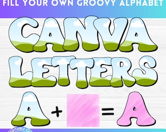 May include: A Canva graphic with the text "CANVA LETTERS" in a groovy, retro font. The letters are filled with a blue sky and green grass design. The graphic also includes the text "A + = A" with the first "A" filled with the same sky and grass design, the second "A" filled with a pink design, and the third "A" filled with a pink design. The graphic is labeled "EASY DRAG AND DROP".