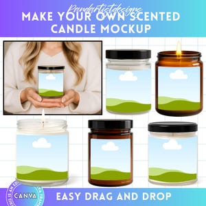 May include: A candle mockup featuring several glass jars with black lids, some lit with a flame. The jars have labels with a landscape design of a blue sky, white clouds, and green hills. Text reads "MAKE YOUR OWN SCENTED CANDLE MOCKUP" and "EASY DRAG AND DROP".