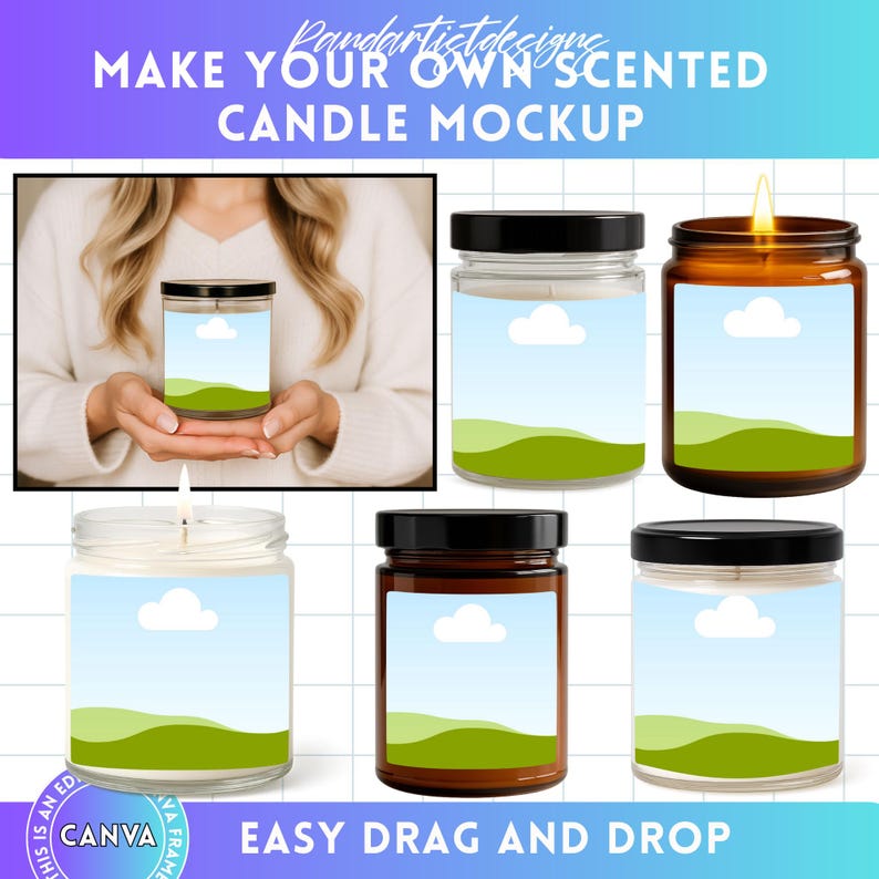 May include: A candle mockup featuring several glass jars with black lids, some lit with a flame. The jars have labels with a landscape design of a blue sky, white clouds, and green hills. Text reads "MAKE YOUR OWN SCENTED CANDLE MOCKUP" and "EASY DRAG AND DROP".