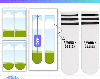 May include: A graphic showing a sock jig design with the text "MAKE YOUR OWN SOCK JIG". The design includes templates with a 20-inch measurement and the words "YOUR + DESIGN" on white socks. The text "CANVA 8.5"X11 & 10"X22" SHEETS" is also visible.