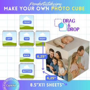 Modello di cubo fotografico, modello di scatola fotografica stampabile, modello di cubo 3D, scatola cubica personalizzata, trascina e rilascia, collage di foto fai da te, cornice Canva personalizzata