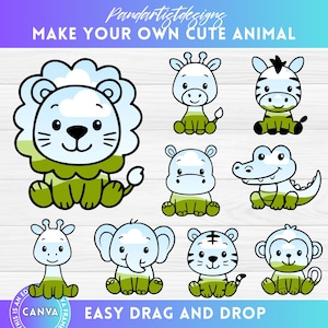 May include: A set of cartoon animal illustrations, featuring a lion, giraffe, zebra, hippo, crocodile, elephant, tiger, and monkey. Each animal is drawn in a cute, simplified style with green and white colours. The text "MAKE YOUR OWN CUTE ANIMAL" is displayed at the top.