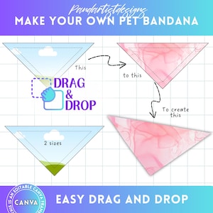 Könnte beinhalten: Eine Grafik, die zeigt, wie man mit einem Drag-and-Drop-Design-Tool ein individuelles Hundehalsband erstellt. Das Bild zeigt ein blaues Halstuch mit Wolken und ein rosa Halstuch mit einem Aquarell-Design. Der Text "DRAG & DROP" ist in einem Kasten hervorgehoben.