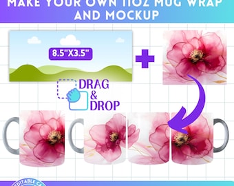 Make your own 11oz Mug Wrap and Mockup on Canva - Easy Drag and Drop - Canva Frames Canva Template to Create Digital Sublimation Designs