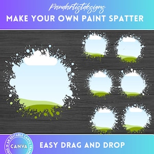 May include: Four white paint splatter frames with a blue sky and green grass background. The text "MAKE YOUR OWN PAINT SPATTER" is at the top of the image. The text "EASY DRAG AND DROP" is at the bottom of the image. The text "CANVA" is in a circle with the text "THIS IS AN EDITABLE CANVA FRAME".