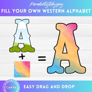 Molduras Canva com letras maiúsculas e números ocidentais, arrastar e soltar, alfabeto em pacote, modelo editável de fonte PNG, letra de cowboy, padrão de vaca