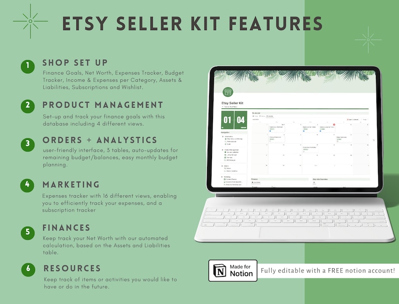 May include: A green and white graphic with the text "Etsy Seller Kit Features" and a list of features for an Etsy seller kit. The features include shop set up, product management, orders and analytics, marketing, finances, and resources. The graphic also includes a laptop with a calendar app open on the screen. The text "Made for Notion" is at the bottom of the graphic.