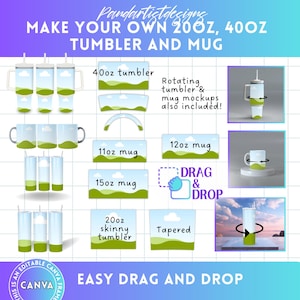 Puede incluir: Una plantilla de diseño digital para crear vasos y tazas personalizados. La imagen muestra varios tamaños de vasos y tazas, incluyendo un vaso delgado de 20 oz, un vaso de 40 oz, una taza de 11 oz, una taza de 15 oz y una taza de 12 oz. El diseño presenta un paisaje verde y azul con nubes. El texto "DRAG & DROP" está incluido en la imagen.