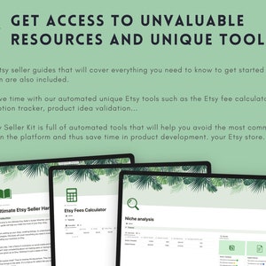 May include: Three computer screens displaying Etsy seller tools. The first screen shows a guide titled "Ultimate Etsy Seller Handbook". The second screen shows a tool titled "Etsy Fees Calculator". The third screen shows a tool titled "Niche Analysis".