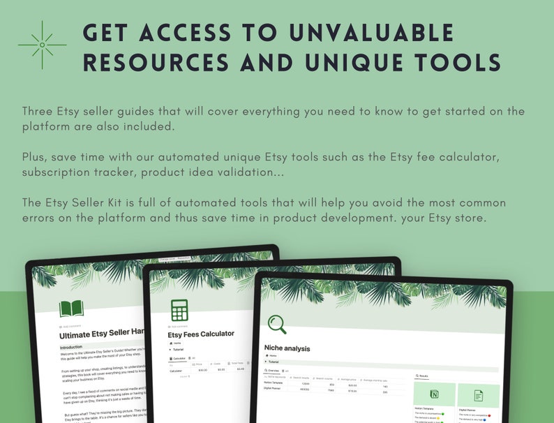 May include: Three computer screens displaying Etsy seller tools. The first screen shows a guide titled "Ultimate Etsy Seller Handbook". The second screen shows a tool titled "Etsy Fees Calculator". The third screen shows a tool titled "Niche Analysis".