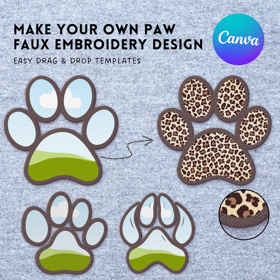 Paw Print Faux Embroidery PNG, Easy Drag and Drop, Digital Stitch ...