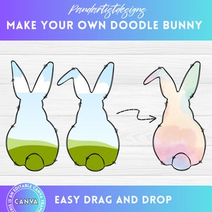 Peut inclure: Un modèle numérique artisanal pour créer un lapin doodle. Le modèle comprend deux contours de lapin, l'un avec un fond aquarelle et l'autre avec un fond blanc. Le texte "MAKE YOUR OWN DOODLE BUNNY" est en haut de l'image. Le texte "EASY DRAG AND DROP" est en bas de l'image.