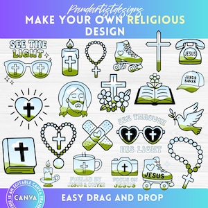 May include: A collection of religious-themed digital graphics in green and white. Includes crosses, a bible, a dove, a roller skate, sunglasses, and the text "MAKE YOUR OWN RELIGIOUS DESIGN", "SEE THE LIGHT", "SEE THROUGH HIS LIGHT", "JESUS", "JESUS SAVES", "FUELED BY JESUS & COFFEE", and "FOCUS ON JESUS".