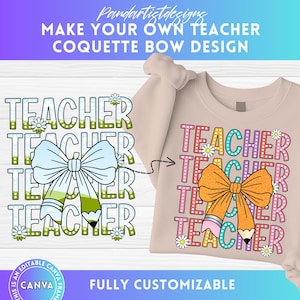 Coquette Teacher Canva Frame Template, Back to School, Drag & Drop, Teacher Appreciation, Bright Doodle Dots, Retro Teacher PNG, First Day