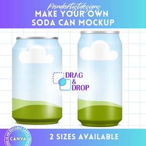 May include: Two soda can mockups with a blue sky, white clouds, and green grass design. The text "DRAG & DROP" is on the left can. The text "2 SIZES AVAILABLE" is below the cans.