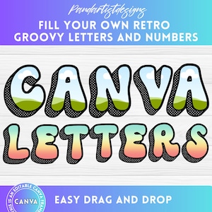 Canva Frames Alphabet Retro Groovy Letters, Drag and Drop Pattern, Editable Template Fillable Letters & Numbers, Block Shadow,Commercial use