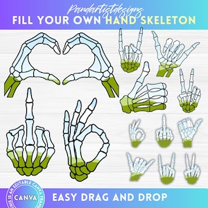 Peut inclure: Illustrations numériques de squelettes de mains dans diverses gestuelles, dont une forme de cœur, un pouce levé et le signe "ok". Le texte "FILL YOUR OWN HAND SKELETON" et "EASY DRAG AND DROP" sont également présents.