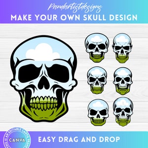 May include: A digital design template featuring a skull with a green and blue gradient. The skull has a cloud on top and is surrounded by six other skulls with different designs. The text "MAKE YOUR OWN SKULL DESIGN" and "EASY DRAG AND DROP" is visible on the image.