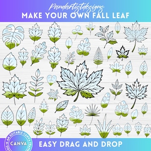 May include: A collection of various leaf illustrations in a digital art style. The leaves are outlined in black with white and green fill, and include maple, oak, and other leaf types. Text reads "MAKE YOUR OWN FALL LEAF" and "EASY DRAG AND DROP".