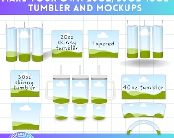 Machen Sie Ihre eigenen 20 Unzen, 30 Unzen Skinny Tumbler & 40 Unzen Tumbler Wraps und Mockups auf CANVA, Canva Frames Sublimationsvorlage - Mega Bundle POD