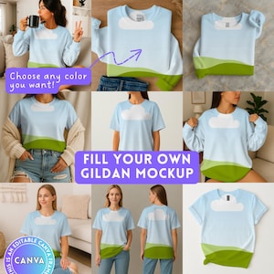 May include: A mockup of a light blue Gildan t-shirt with a white cloud and green grass design. The text "Fill Your Own Gildan Mockup" is displayed in a purple box.