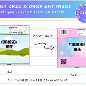 May include: A graphic design template with the text "JUST DRAG & DROP ANY IMAGE" and "Create your unique designs in just seconds." The template is 8.5" x 11" and features a "YOUR DESIGN HERE" section. Includes a Canva frame.