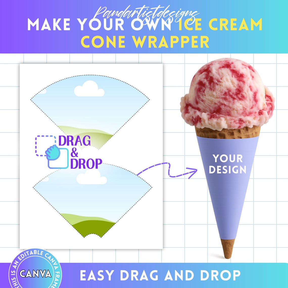 Cone Label Design Ice Cream Cone Wrapper Canva Template, Candy Cone Template, Printable ...