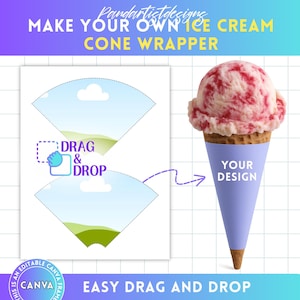 Puede incluir: Anuncio de un diseño personalizable de envoltura de cono de helado. La imagen muestra una bola de helado de fresa sobre un cono con una envoltura azul claro. El texto incluye "MAKE YOUR OWN ICE CREAM CONE WRAPPER" y "EASY DRAG AND DROP".