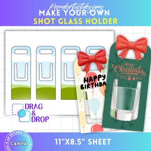 Könnte beinhalten: Blatt mit druckbaren Shotglas-Halter-Vorlagen mit verschiedenen Designs. Das Blatt enthält Vorlagen mit Himmel- und Gras-Hintergrund, einem Happy Birthday-Design mit Luftballons und einem Merry Christmas-Design. Das Blatt ist 27,9 cm x 21,6 cm groß und in Canva bearbeitbar.