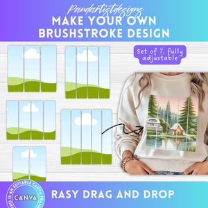 Può includere: Un set di sette elementi di design a pennellate completamente regolabili per creare grafiche personalizzate. Gli elementi sono in formato orizzontale e presentano un cielo blu con nuvole bianche, colline verdi e uno sfondo blu chiaro. Il testo "MAKE YOUR OWN BRUSHSTROKE DESIGN" è nella parte superiore dell'immagine. Il testo "Set of 7, fully adjustable" è nell'angolo in alto a destra dell'immagine. Il testo "EASY DRAG AND DROP" è nella parte inferiore dell'image.