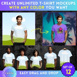 May include: A set of 12 customizable t-shirt mockups featuring different models wearing various t-shirts with a cloud and landscape design. The text "Create Unlimited T-Shirt Mockups with Any Color You Want" is at the top of the image. The text "Easy Drag and Drop" is at the bottom of the image. The text "Set of 12" is in a circle at the bottom right of the image.