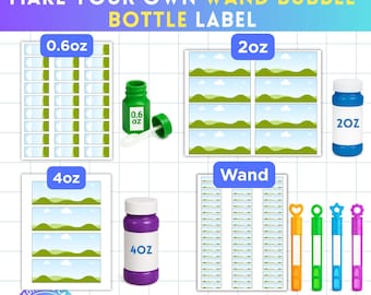 Modello per set di etichette per bottiglie di bolle, etichette per bottiglie di bolle da 0,6 oz, 2 oz, 4 oz, etichette per bacchette per bolle, bomboniere per bambini, SVG trascina e rilascia Canva