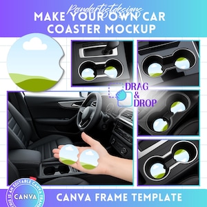 Pacchetto di mockup per sottobicchieri per auto Canva, mockup di sottobicchieri per auto modificabile, modello Canva, trascinamento della selezione, esposizione del prodotto, mockup di portabicchieri a doppia console