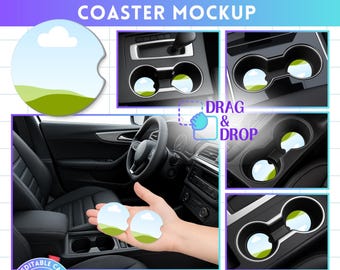 Canva Car Coaster Mockup Bundle, Car Coaster Mockup Editable Canva Template, Drag & Drop, Product Display, Double Console Cup Holder Mockup