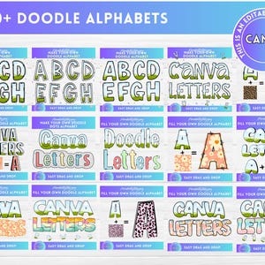 May include: A digital graphic design featuring 60+ doodle alphabets. The design includes various letter styles, including bubble letters and letters with floral and animal print patterns. The text "CANVA LETTERS" is prominently displayed.