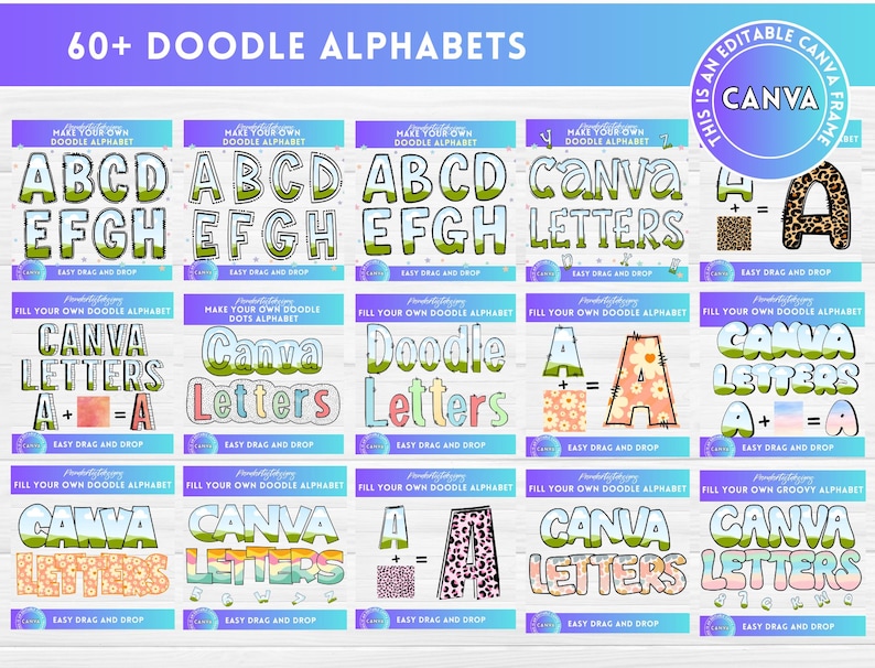 May include: A digital graphic design featuring 60+ doodle alphabets. The design includes various letter styles, including bubble letters and letters with floral and animal print patterns. The text "CANVA LETTERS" is prominently displayed.
