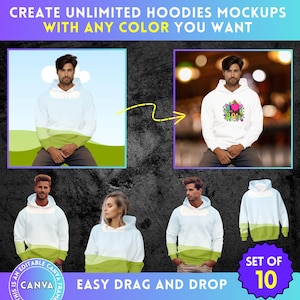 以下が含まれることがあります： 「CREATE UNLIMITED HOODIES MOCKUPS WITH ANY COLOR YOU WANT」のテキストが入ったパーカーのモックアップ画像。さまざまな色とスタイルのパーカーの例が含まれており、「EASY DRAG AND DROP」と「SET OF 10」のテキストも表示されています。